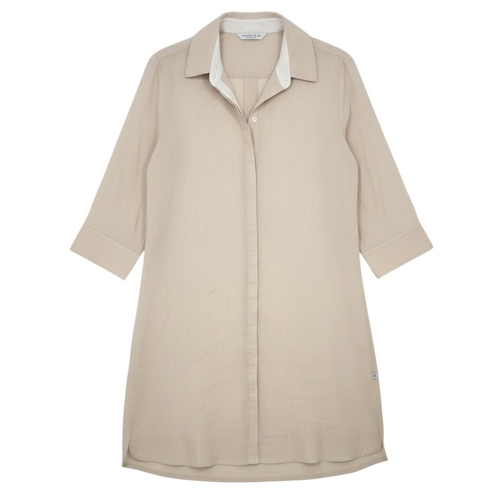 Perlavera Beige Linen Blend Button Front Shirt Dress‎ Large 3/4 Sleeve - AC